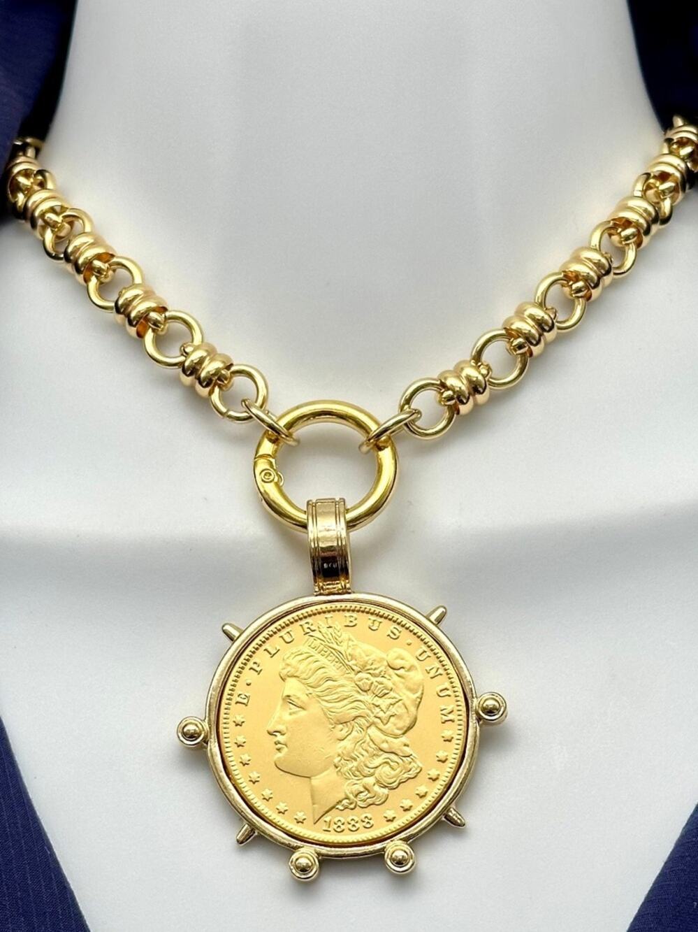 Large gold Morgan coin pendant necklace. Morgan Peace Dollar